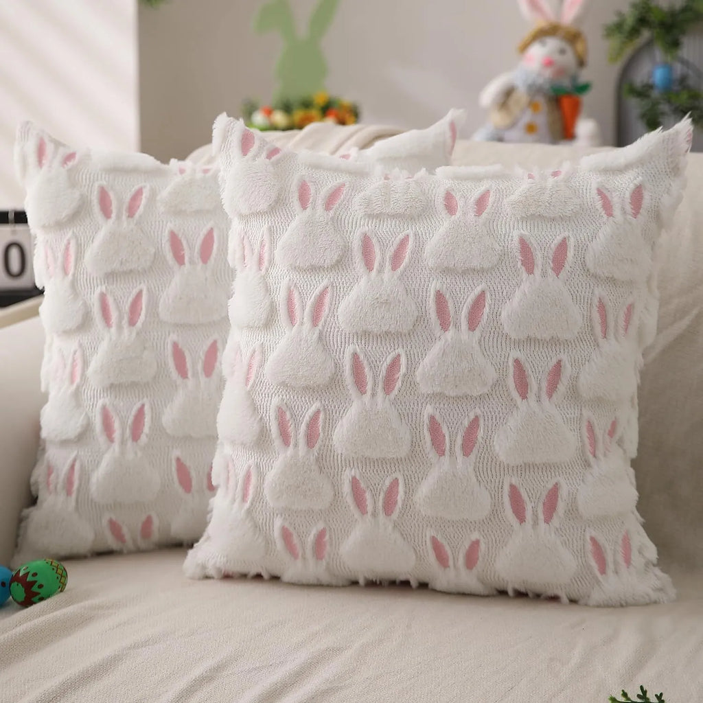Plush stereo ghost embroidered black and white holiday decorative cushion cover 45x45cm on sofa