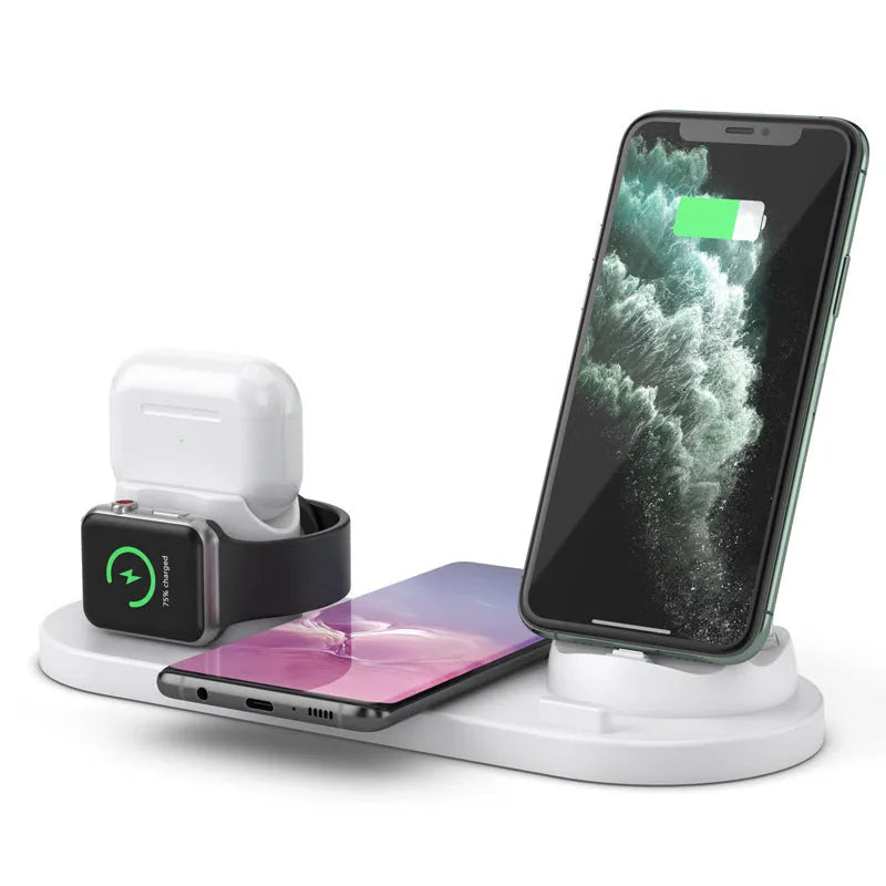 Black and white wireless charging station with phone stand, AirPods charging spot, and iWatch charger
