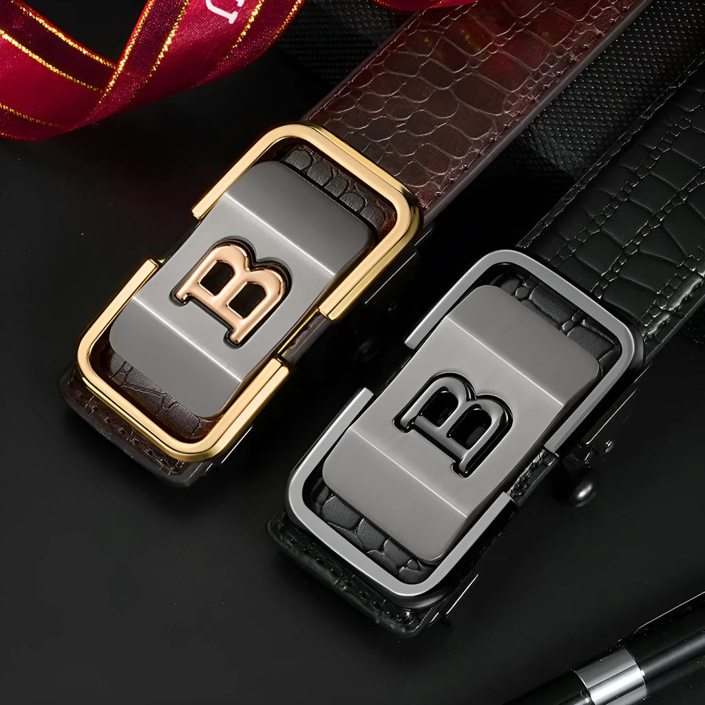 Toothless automatic buckle genuine leather belt in coffee black with zinc alloy buckle