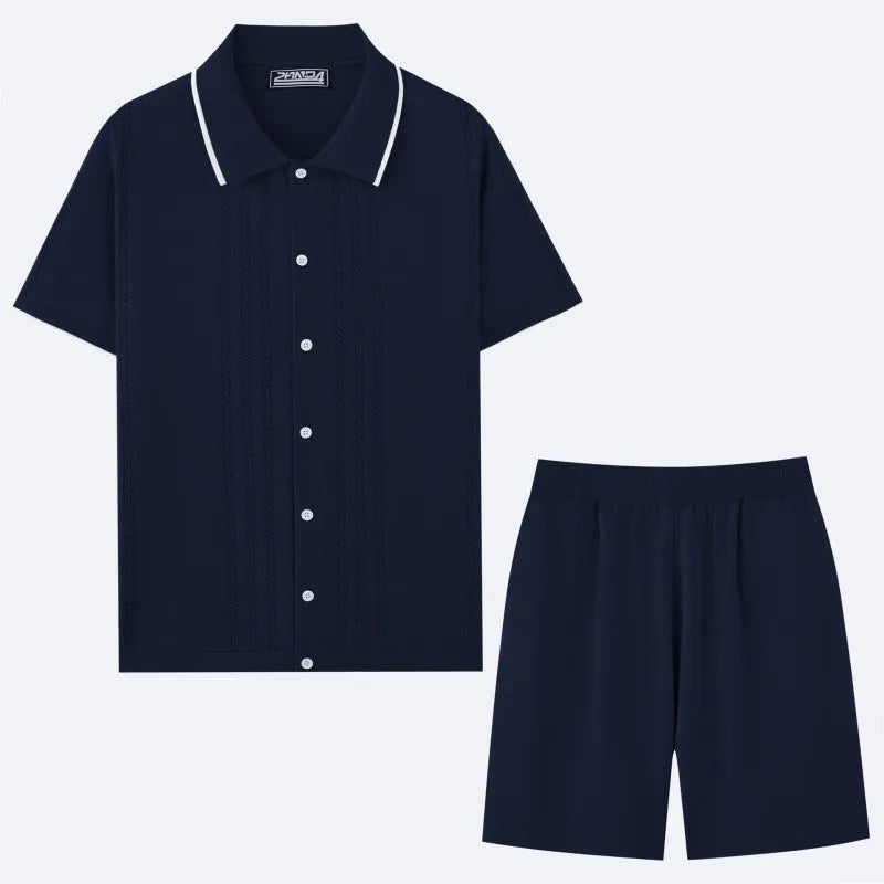 Women's khaki short sleeve sweater and shorts two-piece set laid flat.