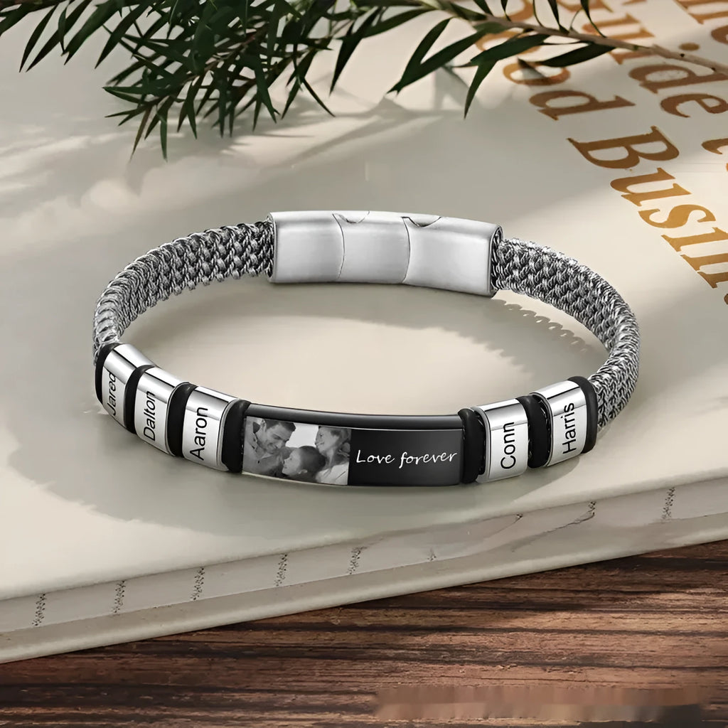 Men's stainless steel lettering bracelet with leather rope adjustable closure showing heart-shaped design