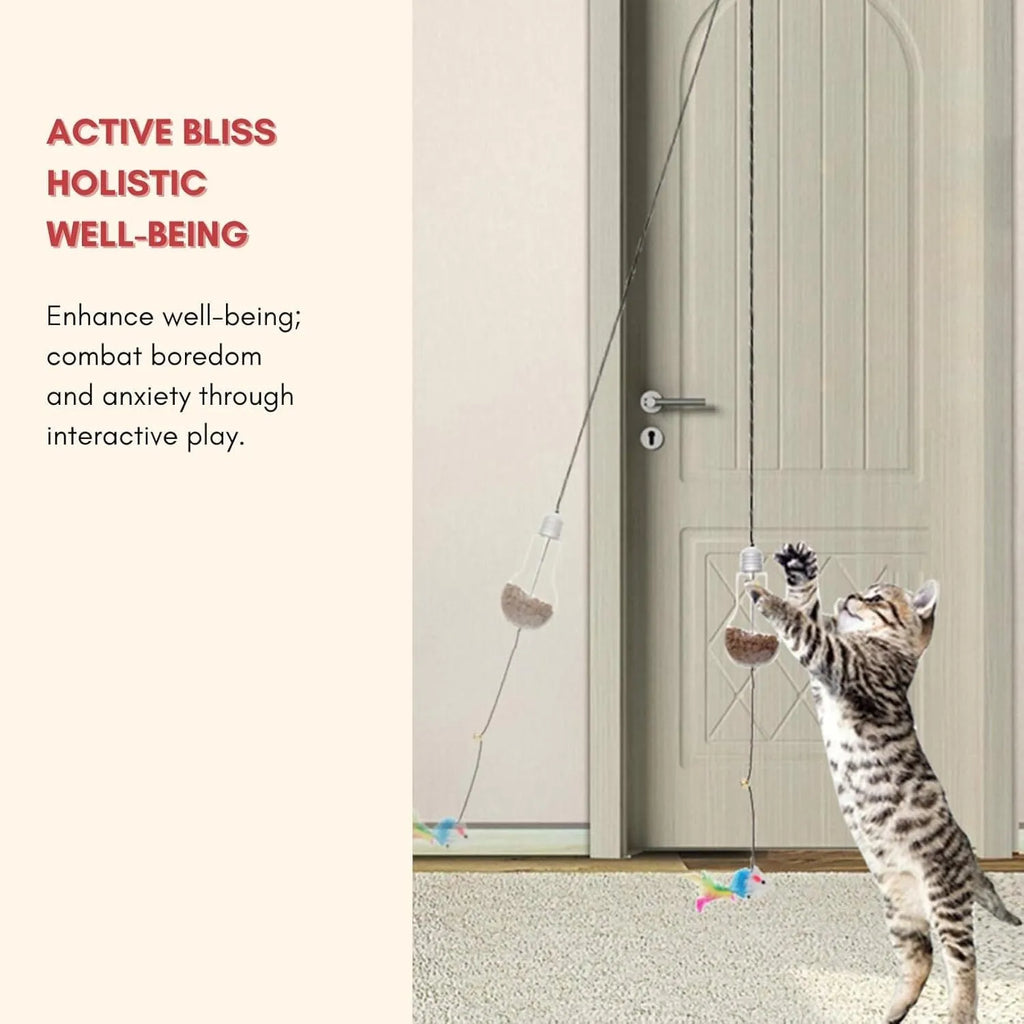 Grey and yellow hanging cat toy with elastic rope, dangling mouse attachment, and treat dispenser bulb
