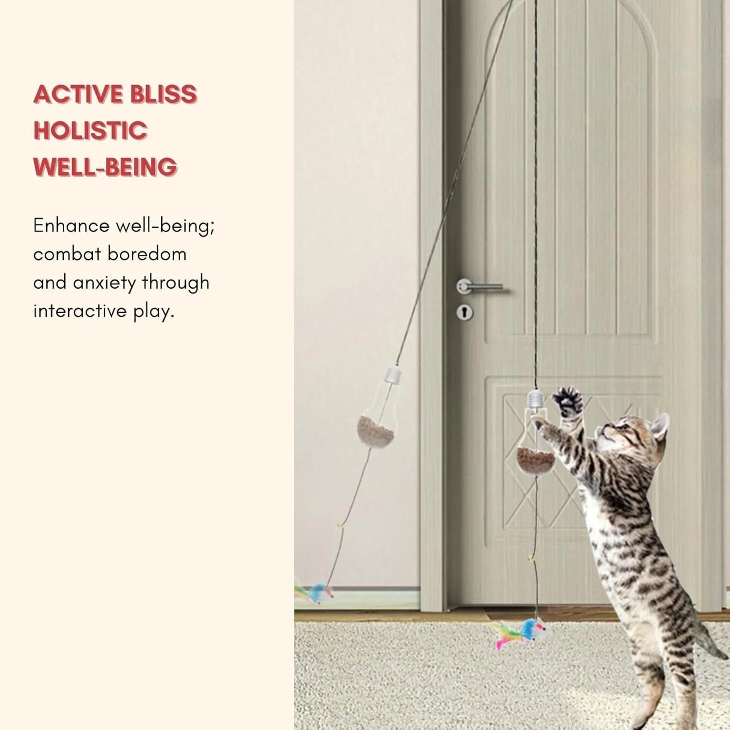 Grey and yellow hanging cat toy with elastic rope, dangling mouse attachment, and treat dispenser bulb