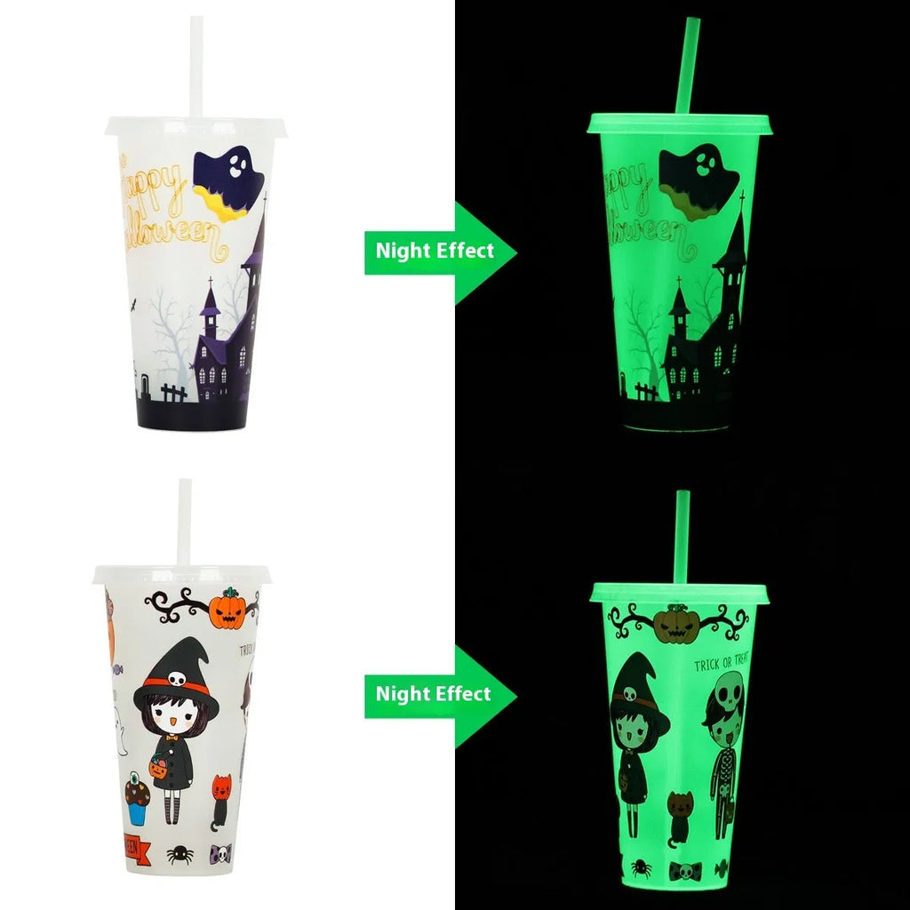 720ml Halloween luminous straw cup with cylindrical plastic design and built-in drinking straw