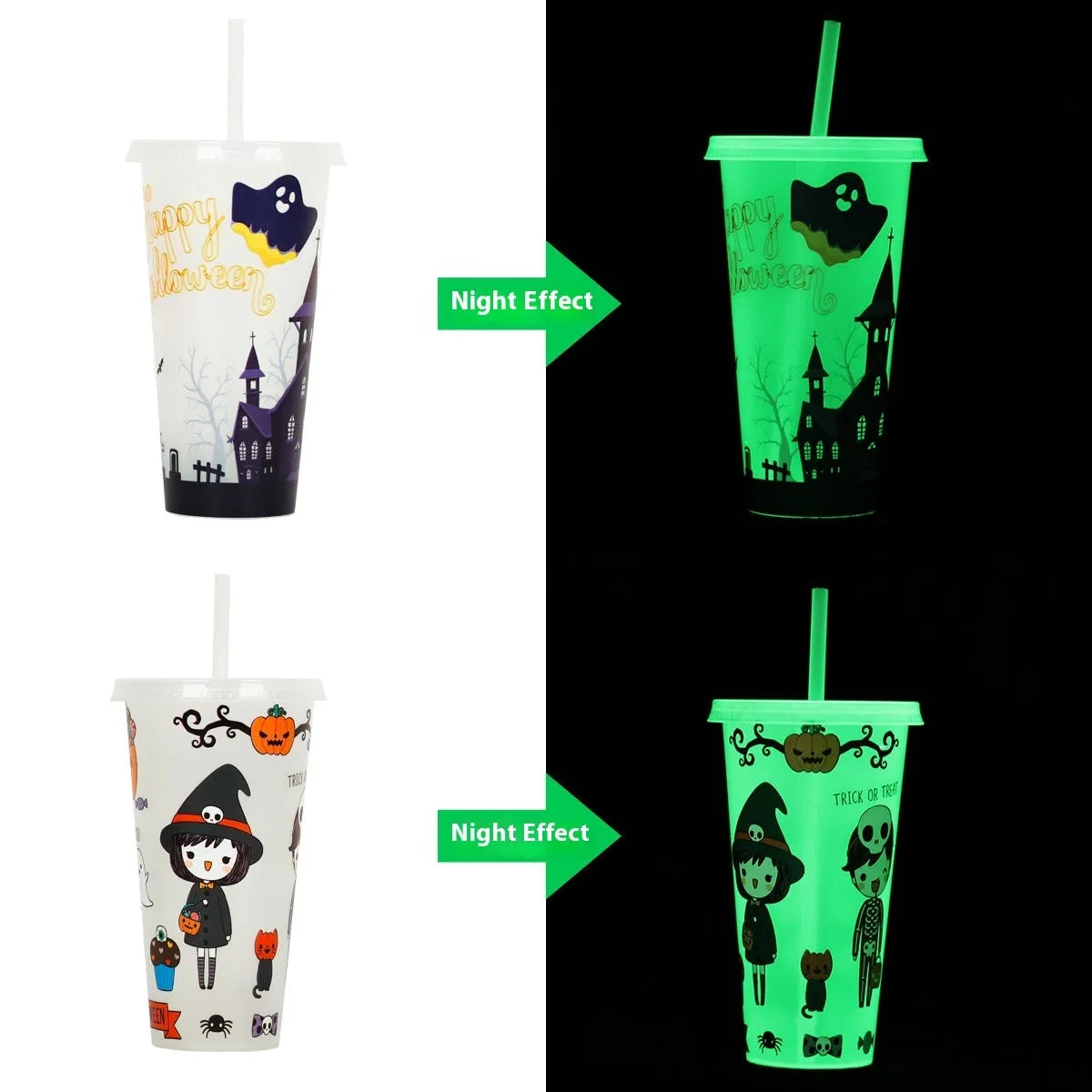 720ml Halloween luminous straw cup with cylindrical plastic design and built-in drinking straw