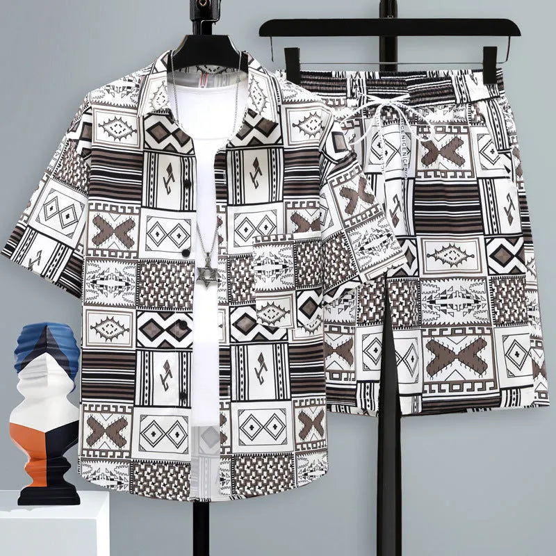 Men's casual sports two-piece set with short sleeve top and matching polyester shorts