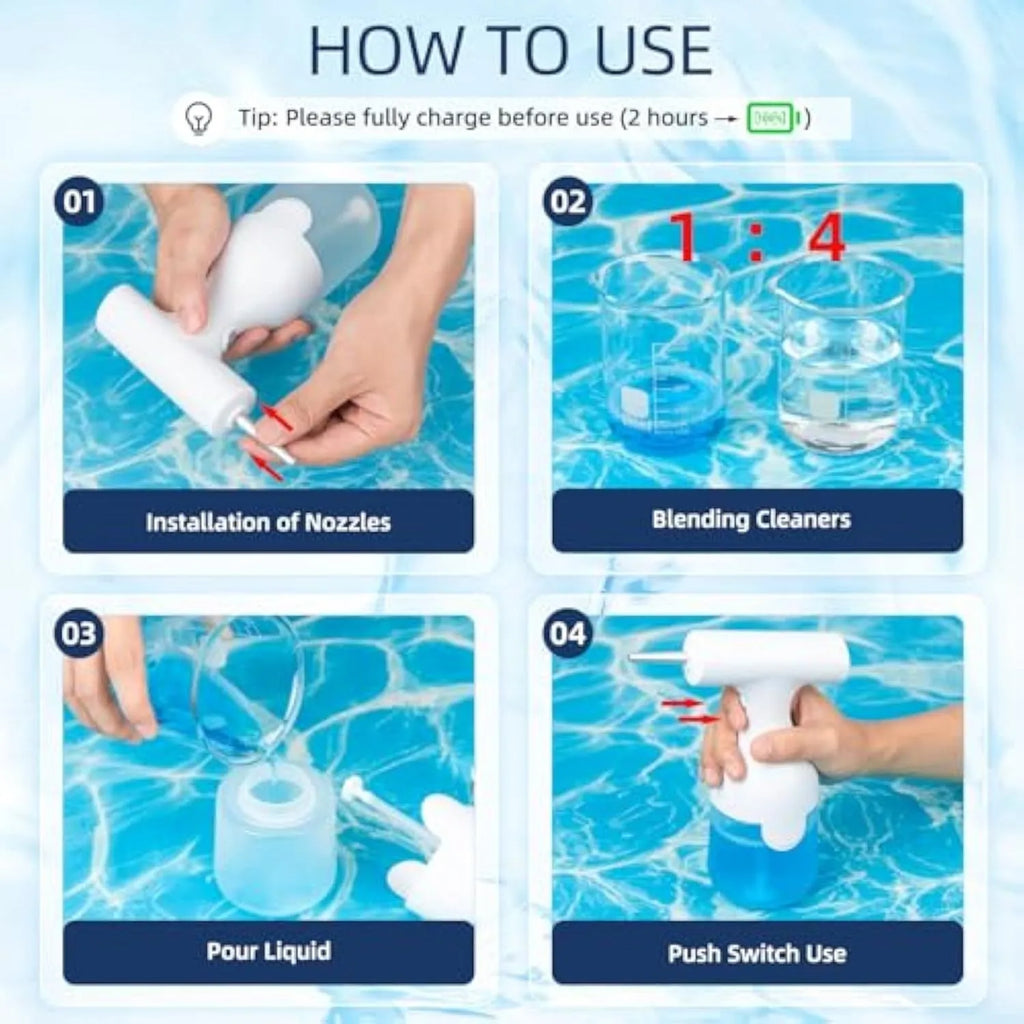 White electric foam soap dispenser with two nozzles and USB charging cable for pet bath and home cleaning