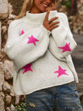 Women's white imitation velvet turtleneck pullover with five-pointed star pattern