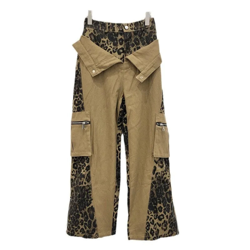 Women's high-waisted dark khaki jeans with leopard print and fake contrast stitching in a straight-leg style.