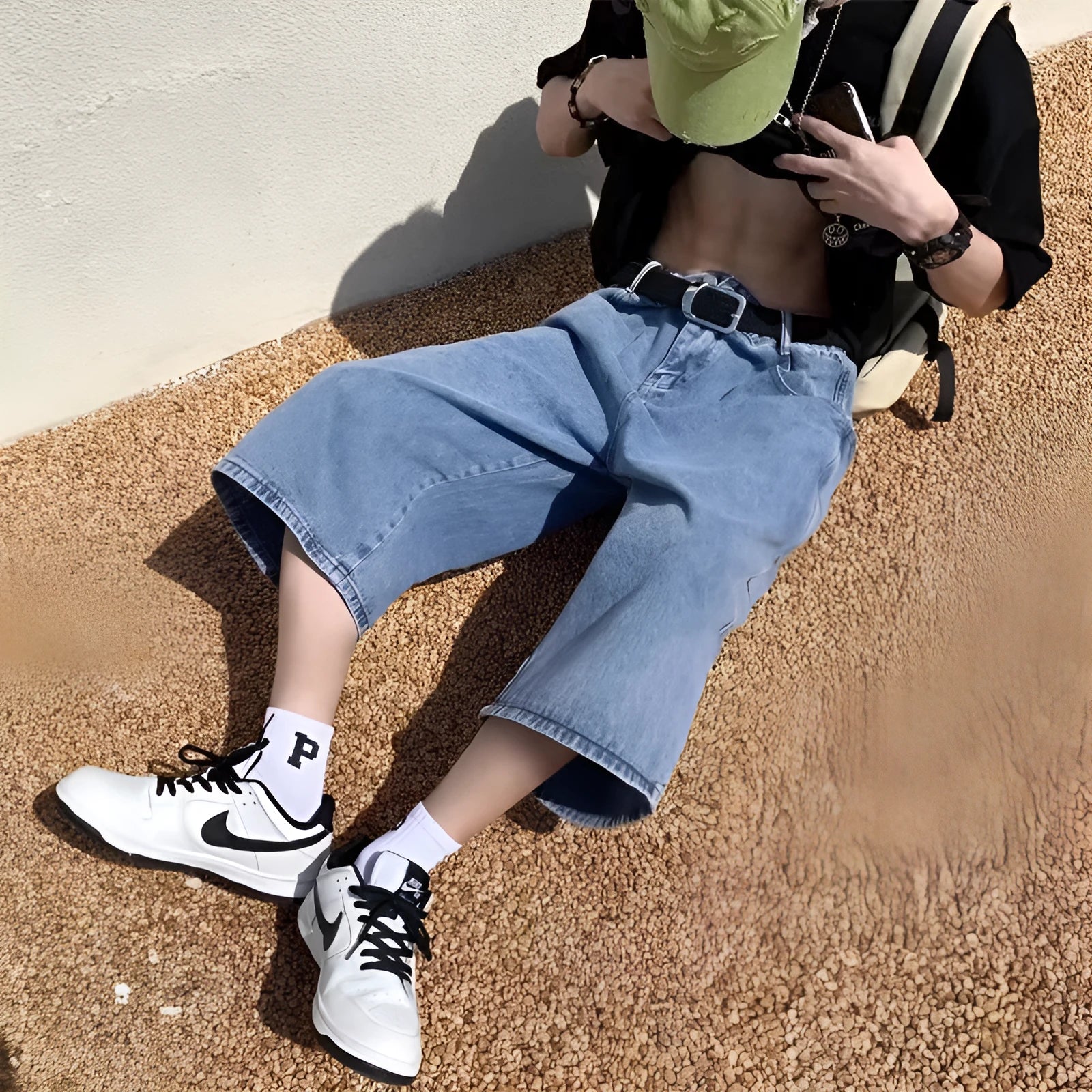 Men's blue washed denim pirate shorts with high waist and cropped length