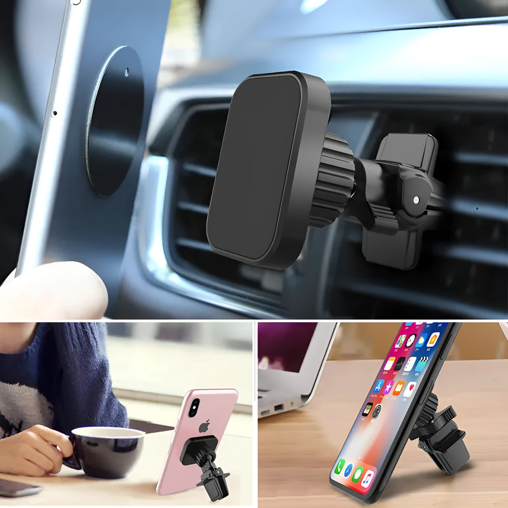 Black magnetic car phone holder mounted on vehicle air vent with anti-slip baffle plate
