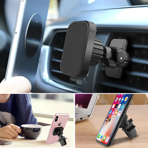 Black magnetic car phone holder mounted on vehicle air vent with anti-slip baffle plate