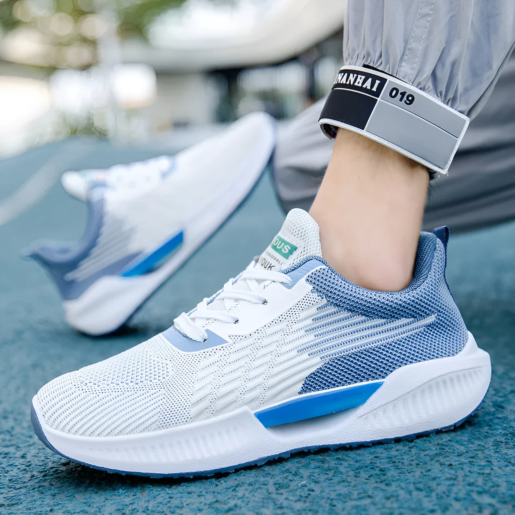 Men's blue breathable mesh casual shoes with round toe and cloth upper