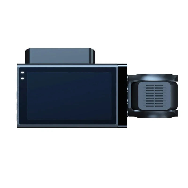 Black dashboard camera with 5-inch screen, mobile phone interconnect, and three recording format options