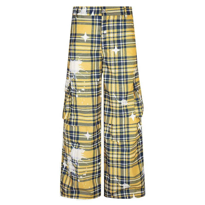 Man wearing blue and yellow plaid loose straight-leg casual overalls