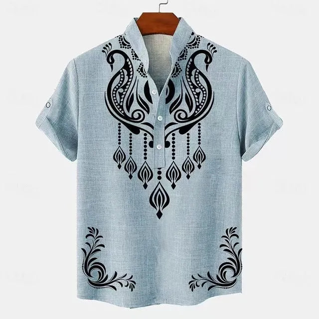 Men's loose fit casual shirt with stripe pattern in polyester fabric showing colour and sizing options