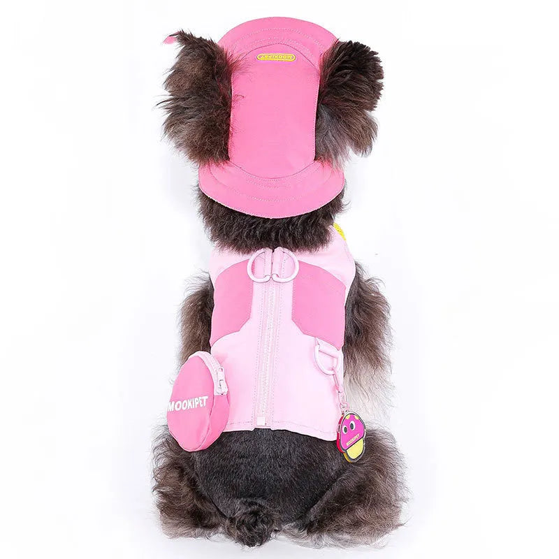 Pink polyester dog harness vest for small breeds like Bichon Frisé on a white background