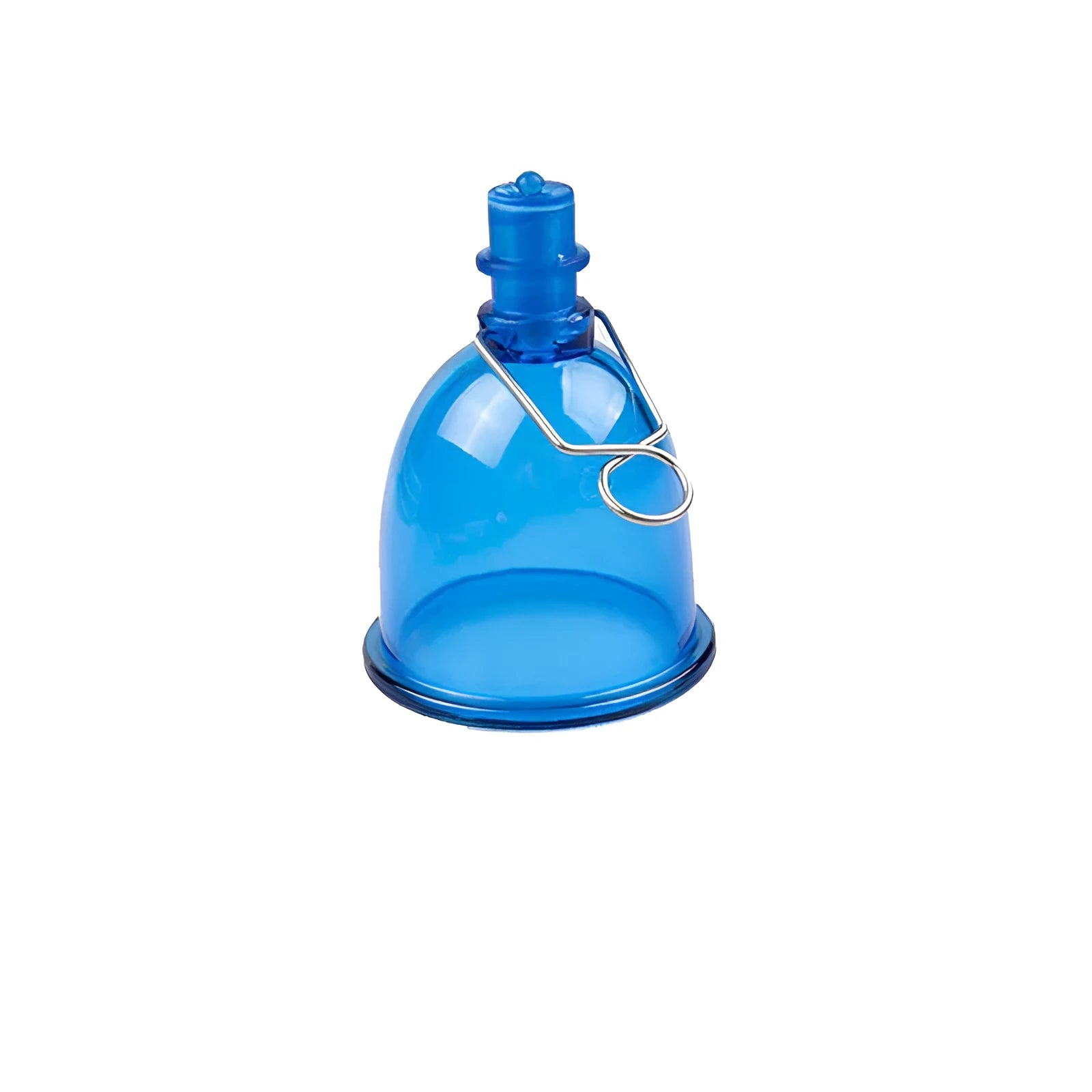 Blue silicone men's physical stretch exerciser cup shown in small, medium, and large size options.