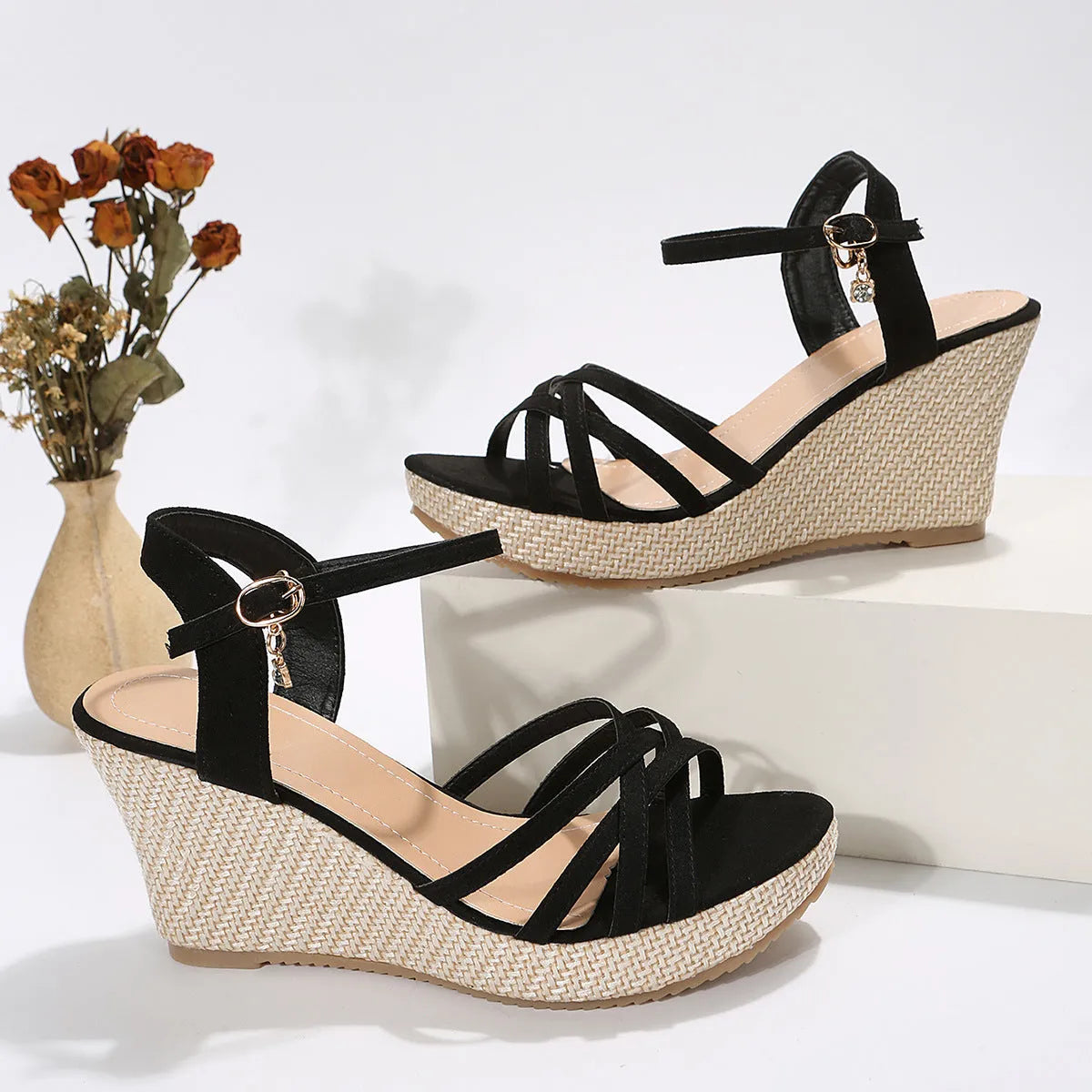 Women's wedge sandals with fish mouth toe design and cloth upper in black colour