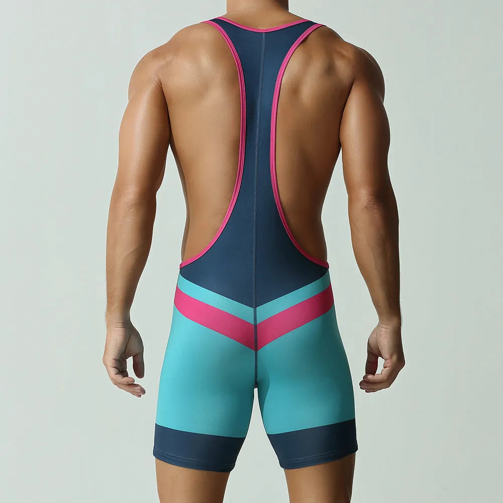 Men's blue quick-dry polyester sports vest jumpsuit shown front and back