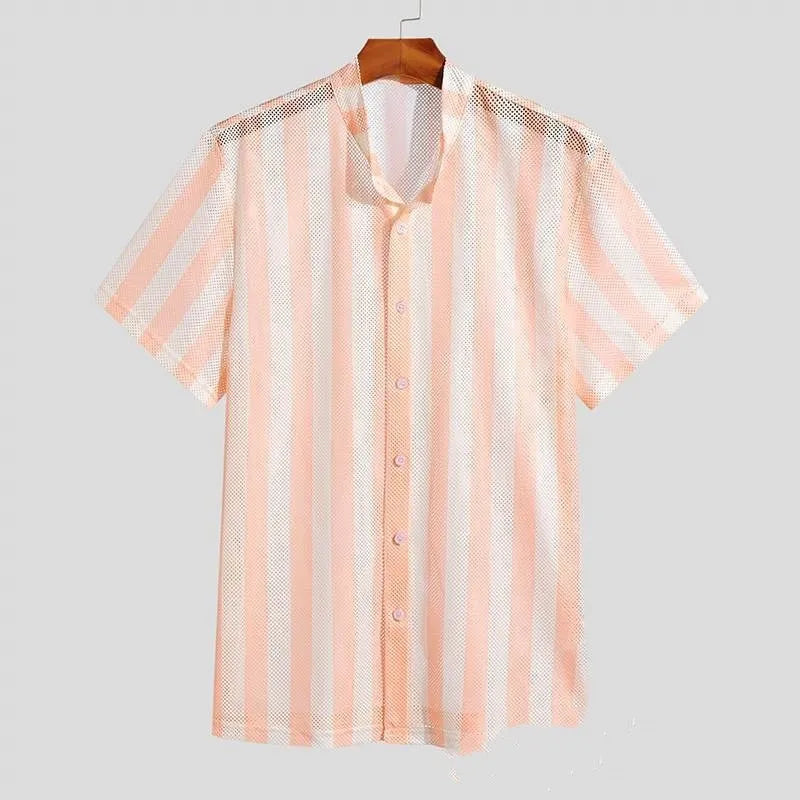 Pink men's waffle knit cardigan shirt with short sleeves and loose fit