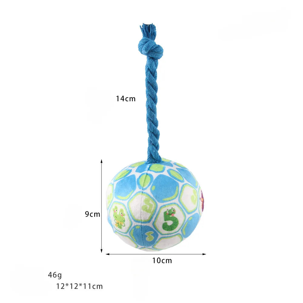 Blue elastic football dog tug toy made from cotton rope for interactive play