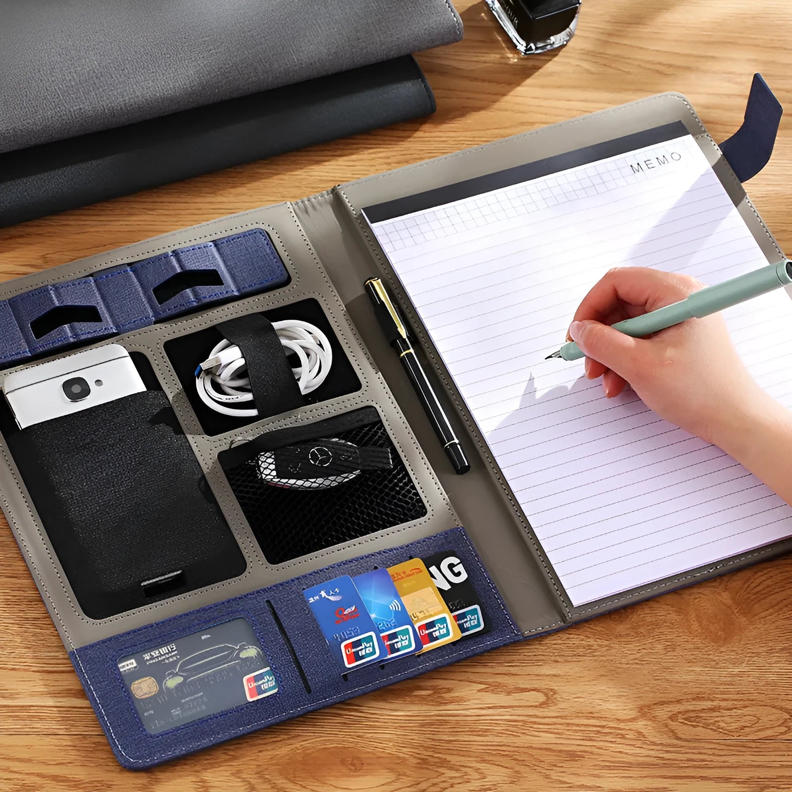 Leather A4 business folder in black, grey, or blue with pen and notepad accessories