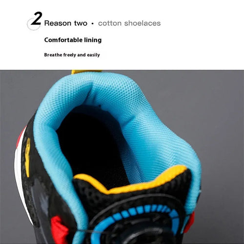 Children's black and colour basketball shoes with a rotating button fastening on the side.