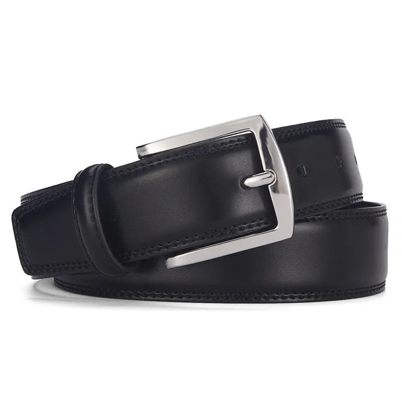 Men's black leather belt with silver alloy pin buckle showing two-layer cowhide construction