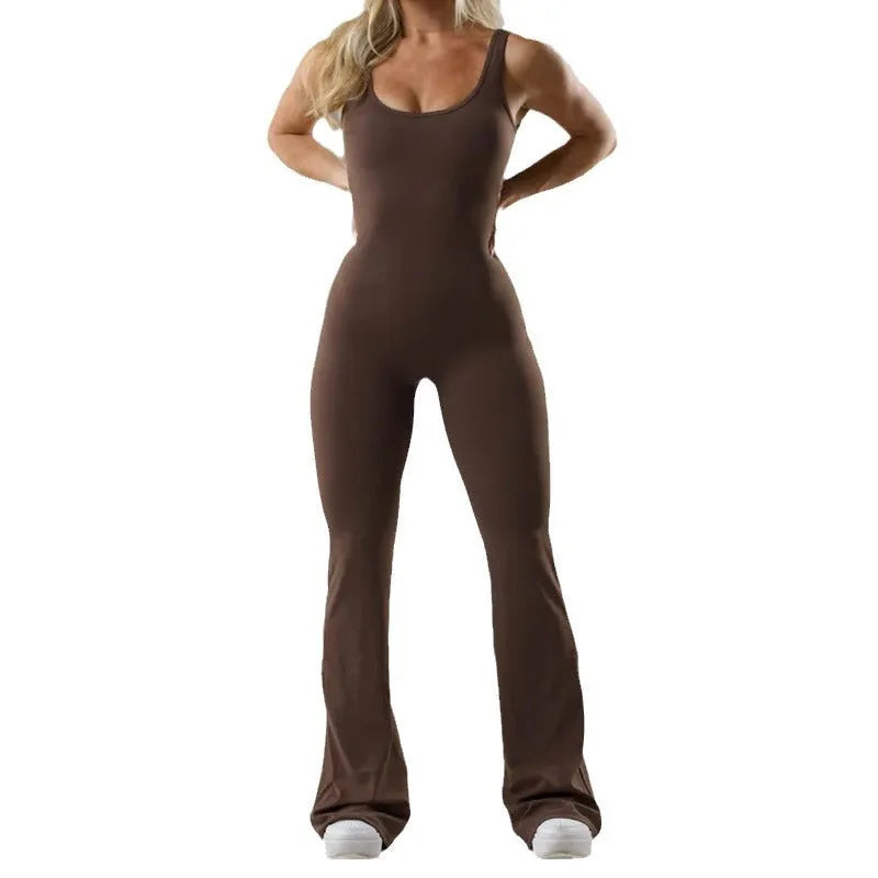 Women's tight seamless yoga bodysuit with hollow-out design and chest padding in black colour