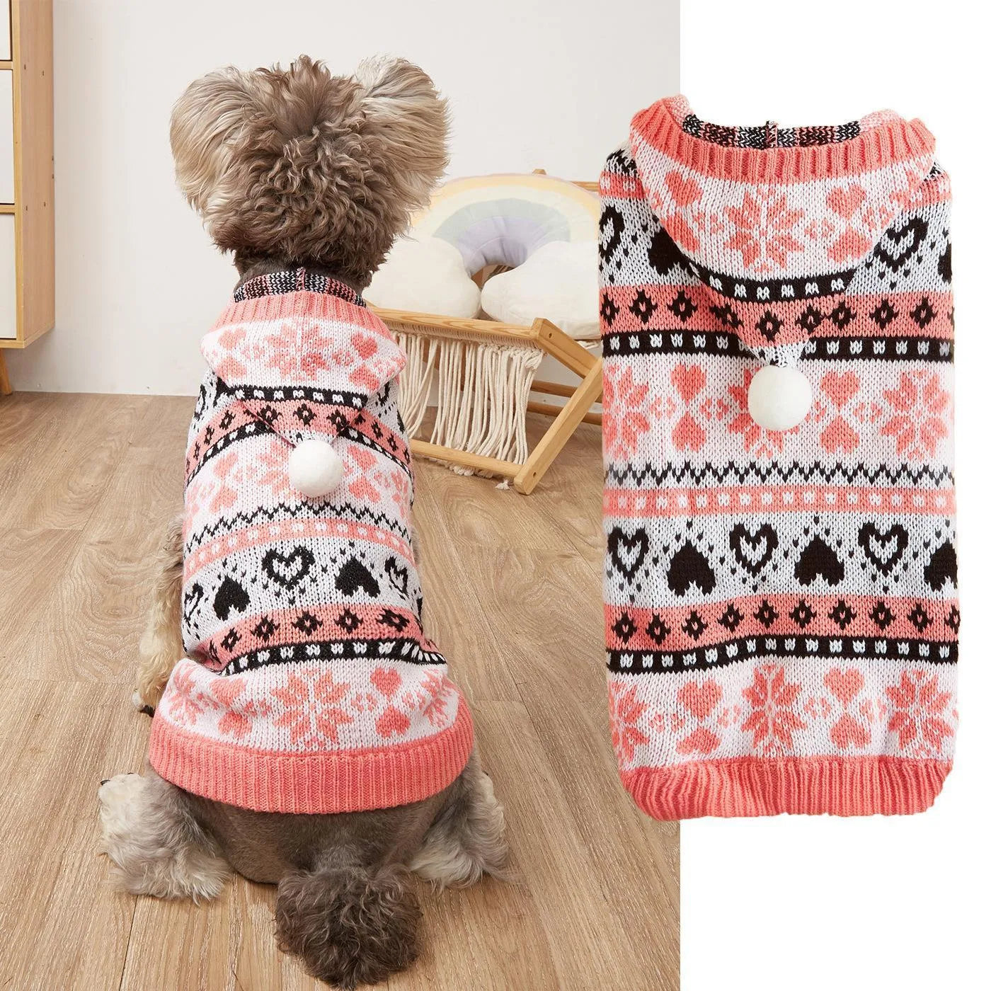 Acrylic knitted dog sweater with striped camouflage pattern and snowflake designs in pink, blue, or grey