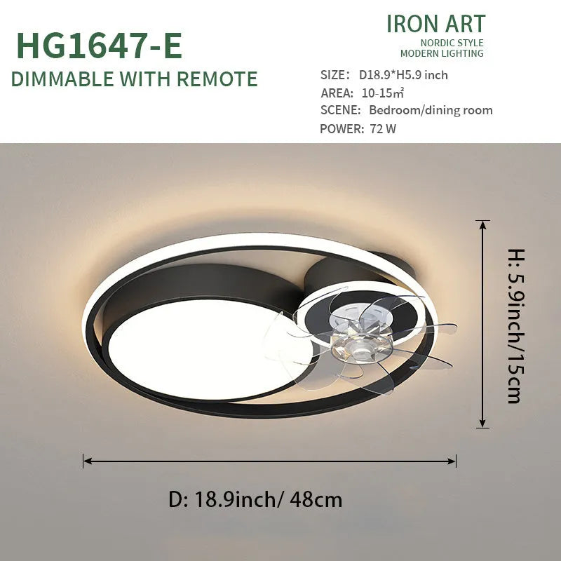 48cm ceiling fan light with metal blades and acrylic lampshade in black or gold finish