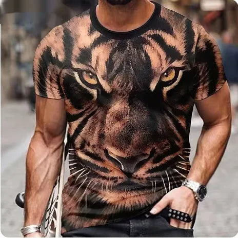 Men's black t-shirt with a fierce 3D lion head print on the front.