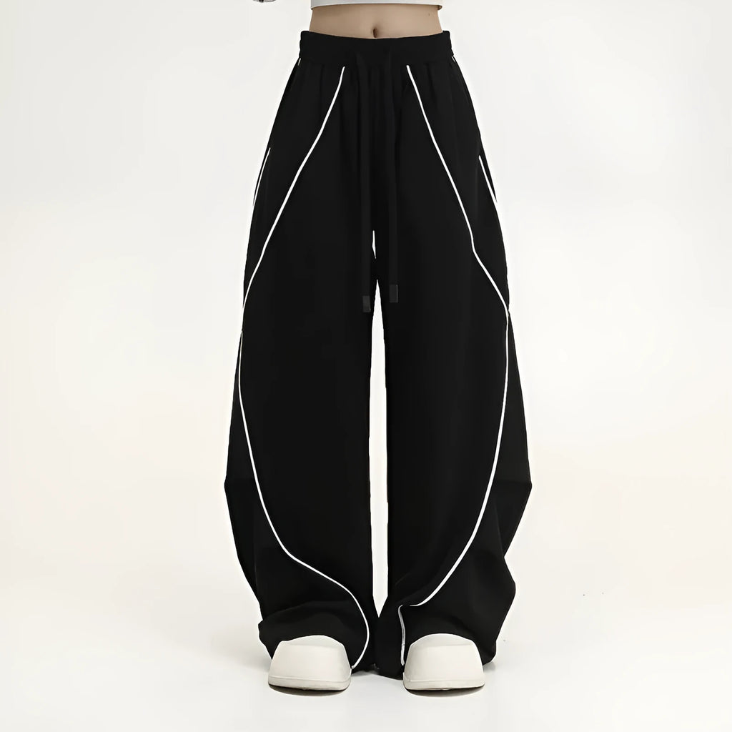 Black pleated wide-leg hip hop trousers with striped pattern and mid-waist design
