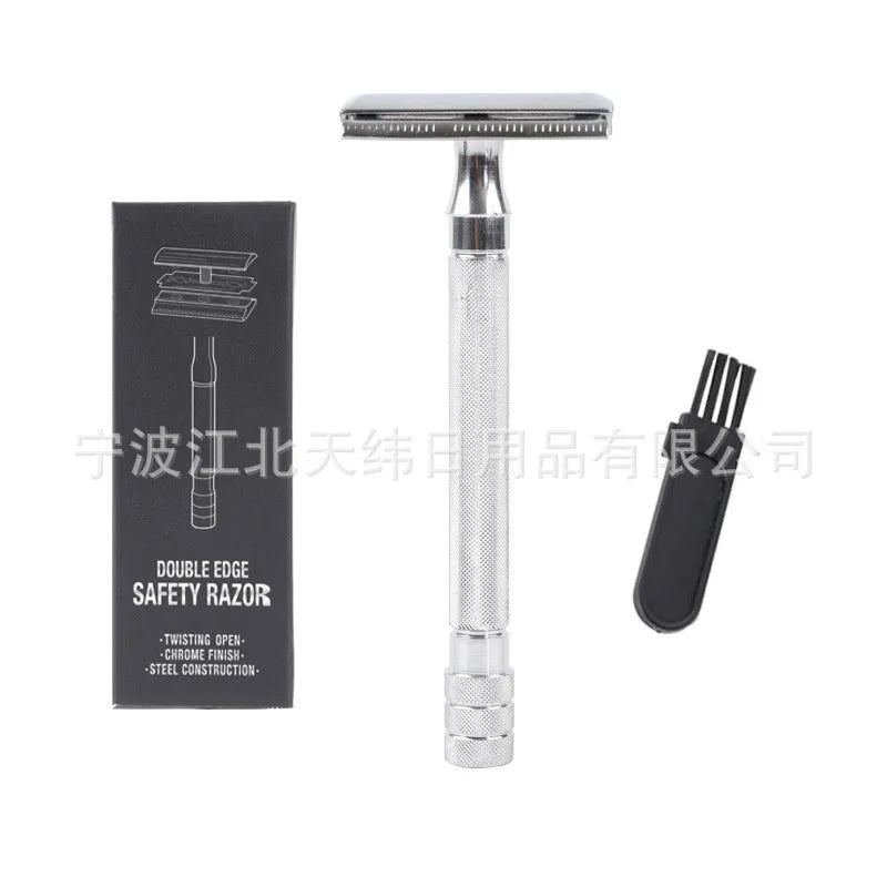 Traditional manual pogonotomy metal scraper with natural bristle beard brush grooming set