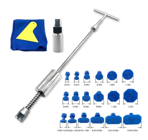 Automotive dent repair tool with metal T-shaped hammer and blue adhesive tabs for car body panel repairs