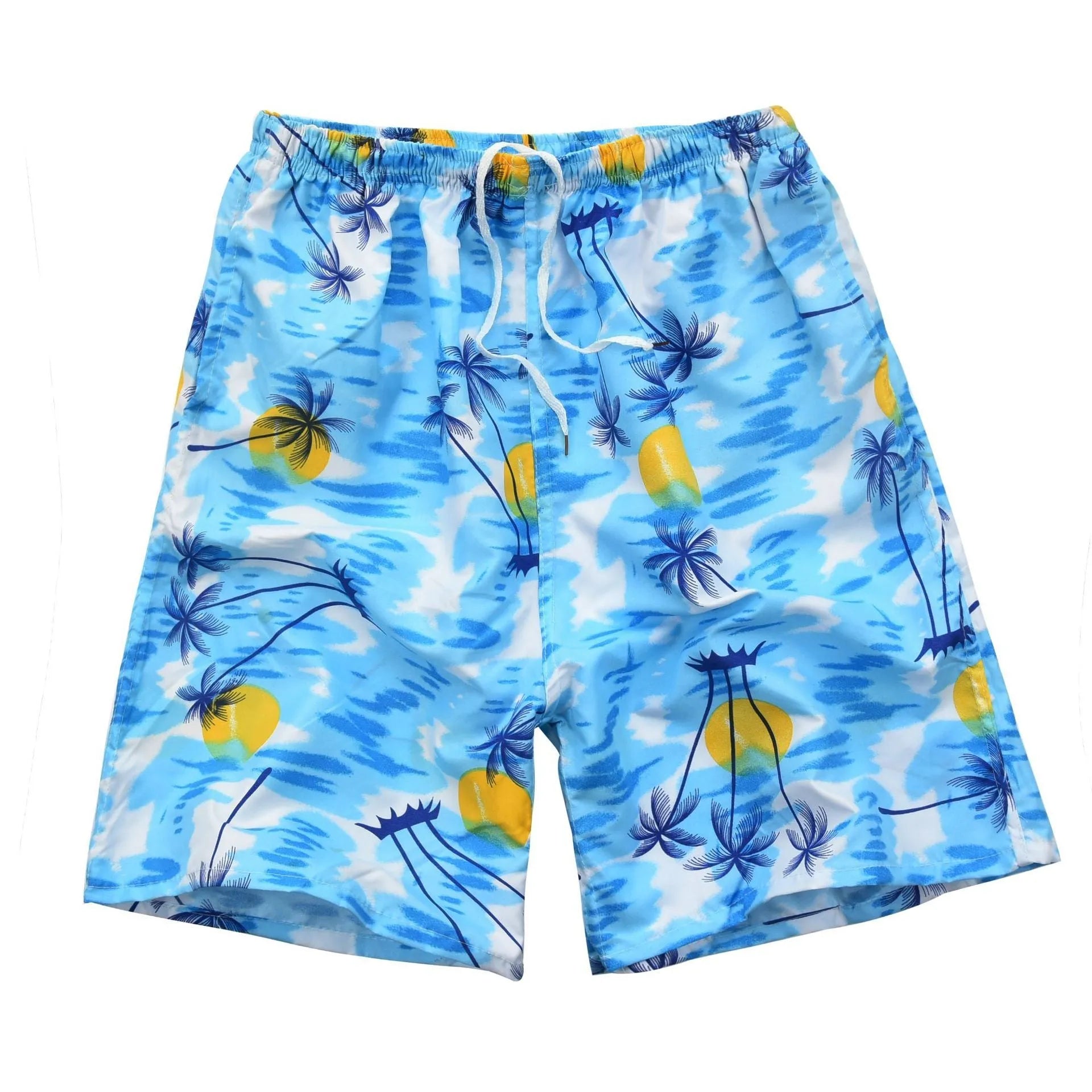 Men's casual floral print five-point swimming trunks made from polyester fabric.