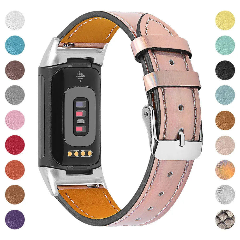 Genuine brown leather watch strap for Fitbit Charge 5 and Charge 6 smartwatches.