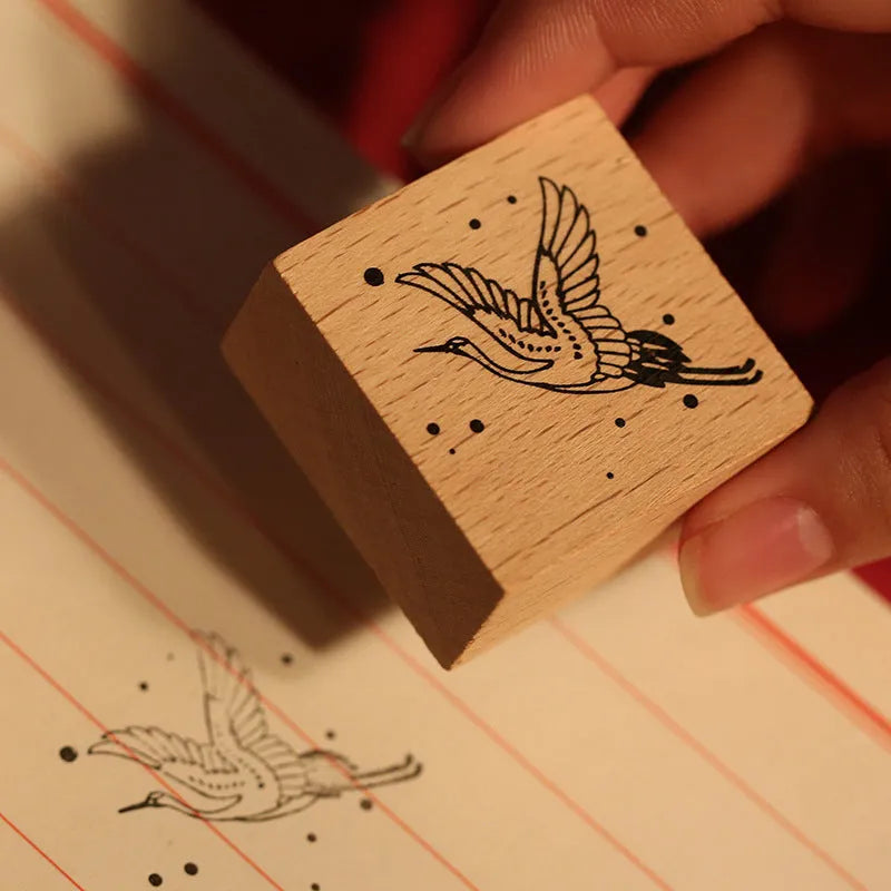 Mr. Paper Wooden Seal Stamp in Crane on the Moon design from the Huahegui series.