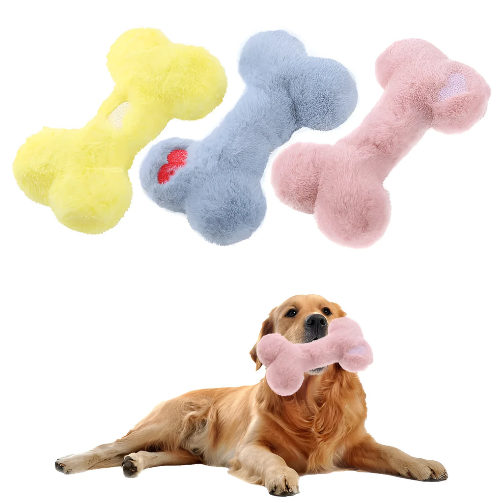 Cute love bone shaped plush dog toy with vocal squeaker in blue, pink, or yellow colours