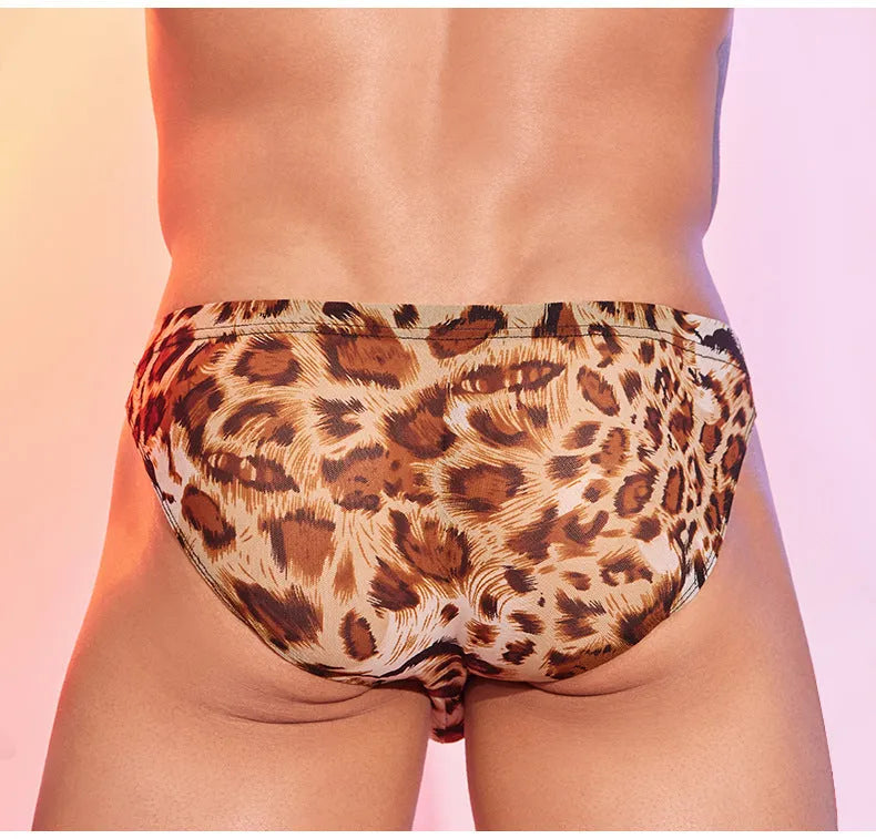 Men's low waist panties in a leopard print pattern, made from nylon fabric.