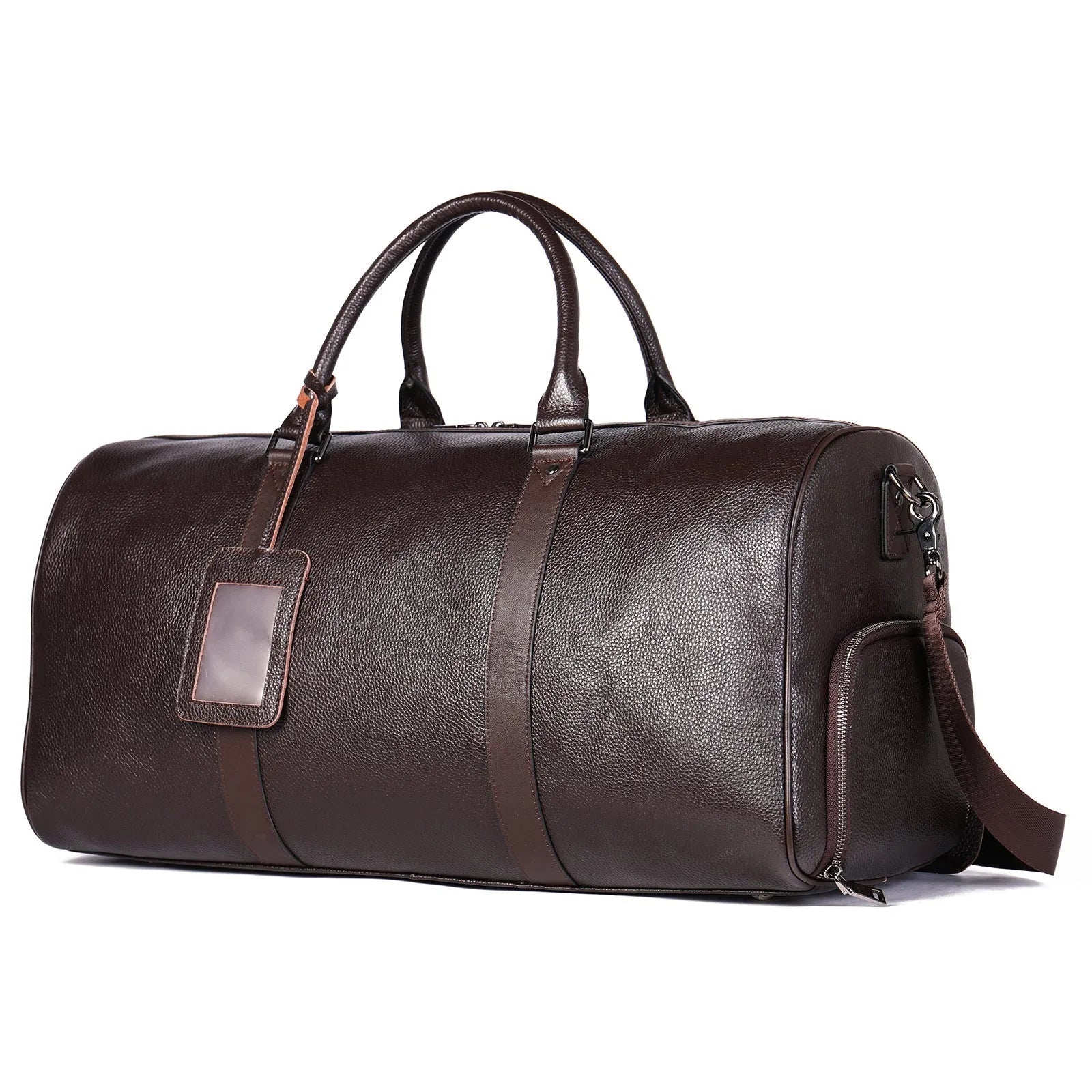 Men's black leather tote bag with a single shoulder strap, shown open to display large capacity.