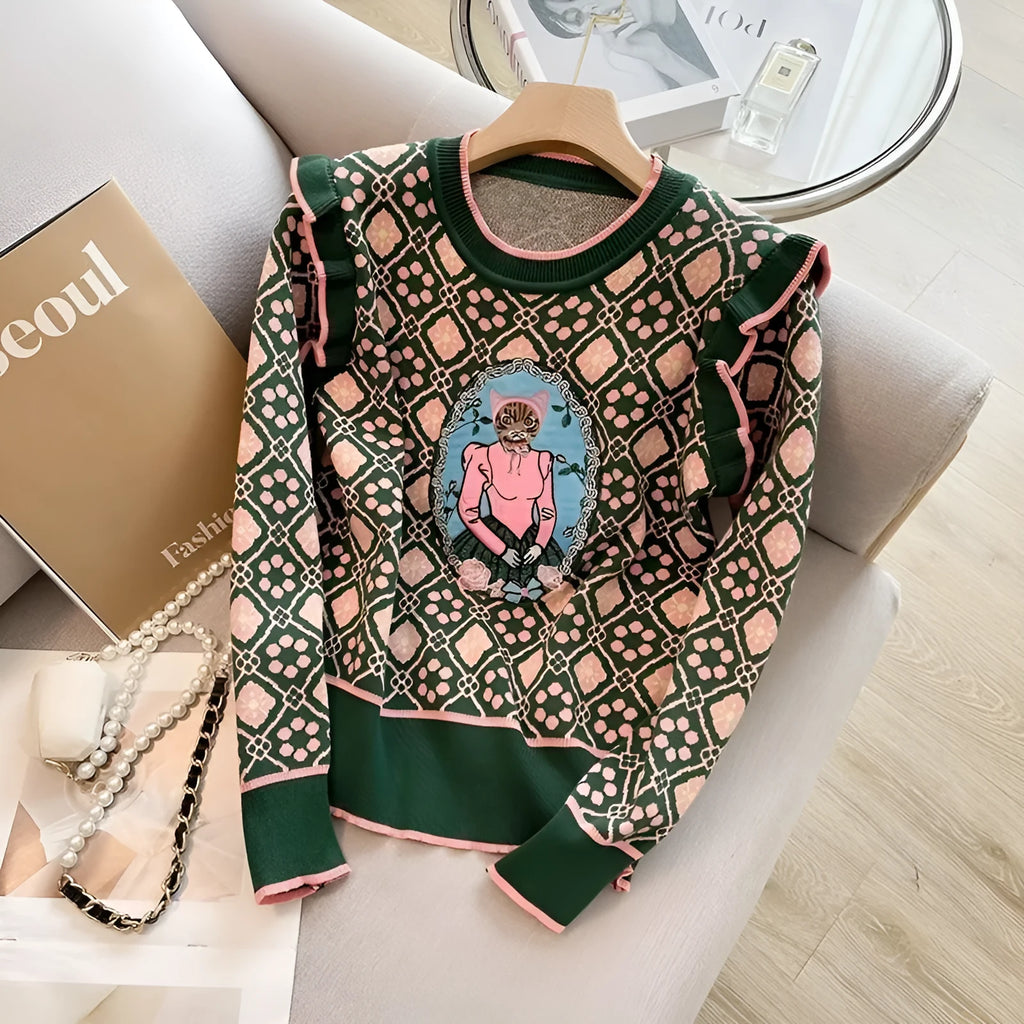 Green women's printed sweater with loose fit and regular sleeves for commuting wear