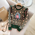 Green women's printed sweater with loose fit and regular sleeves for commuting wear