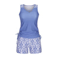 Women's blue printed lace two-piece swimsuit top and shorts laid flat.