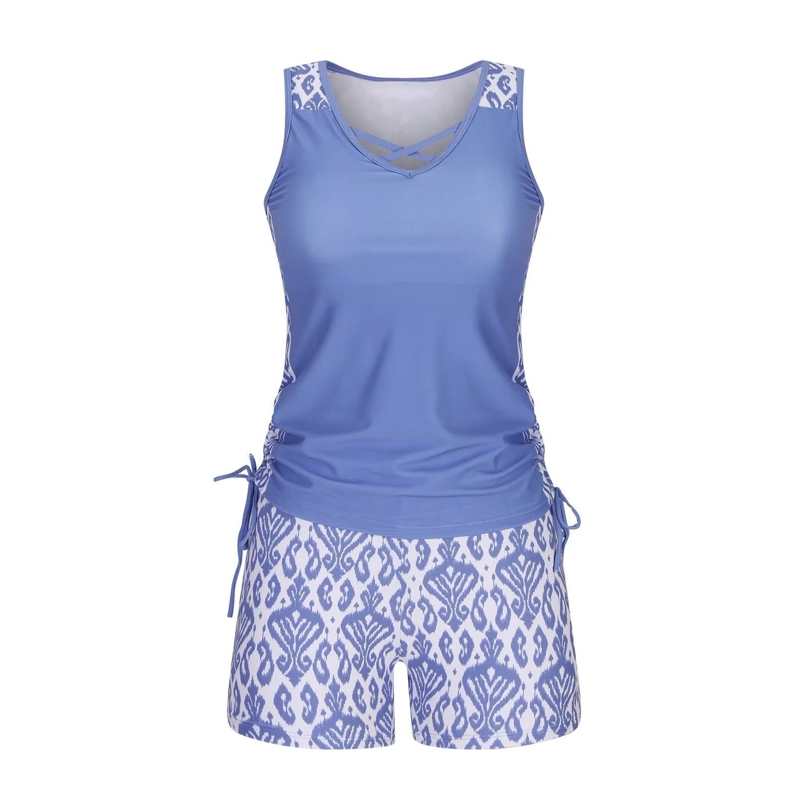 Women's blue printed lace two-piece swimsuit top and shorts laid flat.