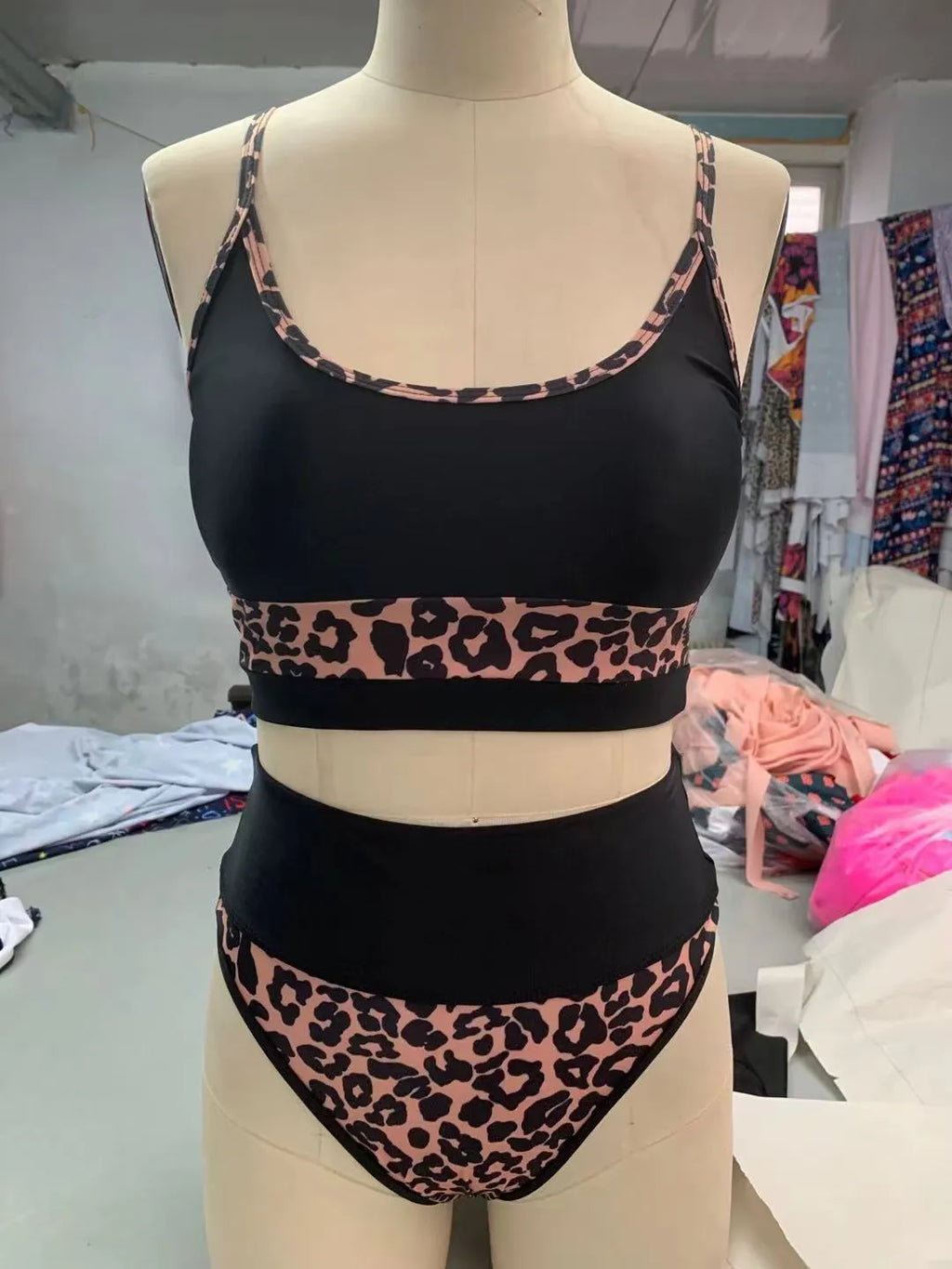 Women's high waist split bikini swimsuit two-piece set in white or leopard print colour