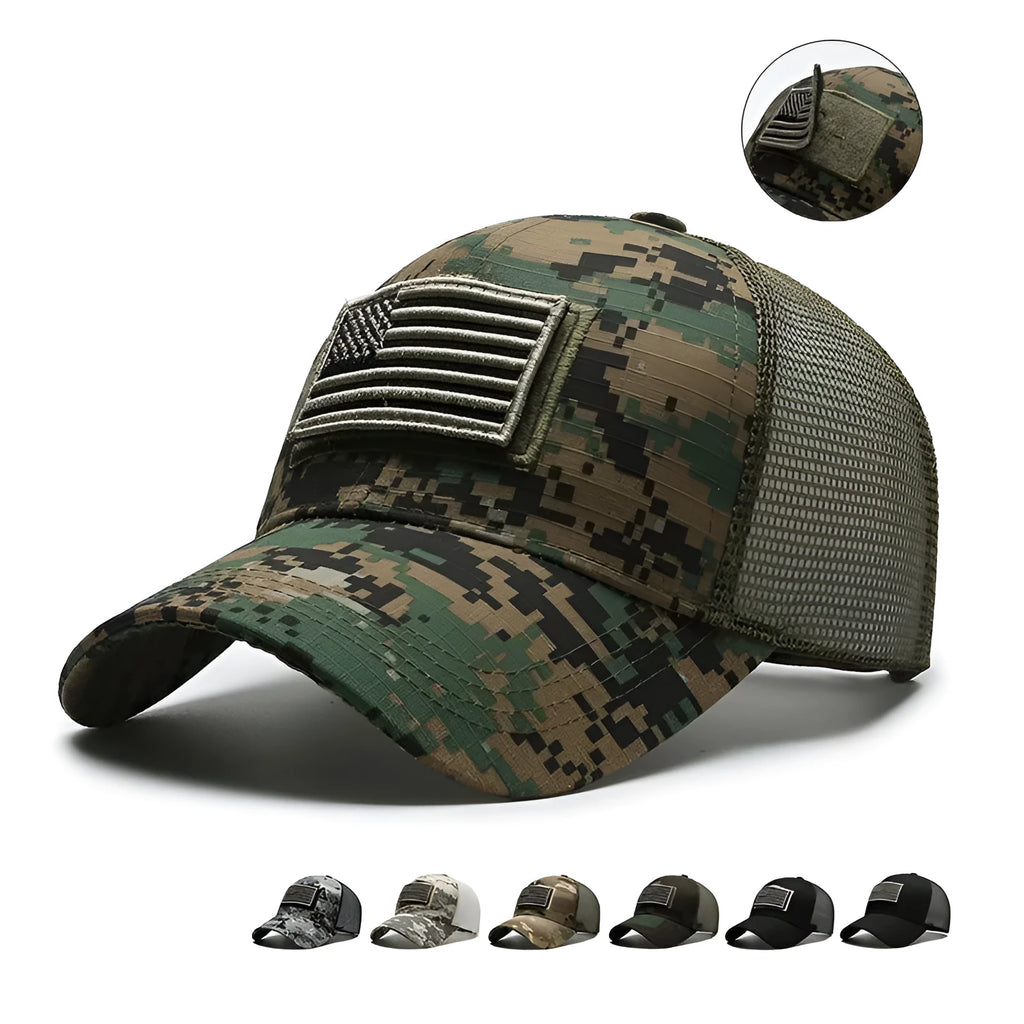 Tactical camouflage baseball hat with Velcro tear mark and adjustable strap in cotton fabric