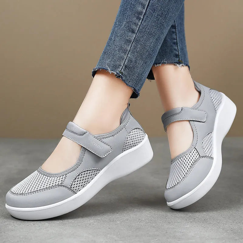 Women's grey mesh casual shoes with Velcro fastening and round toe for leisure wear