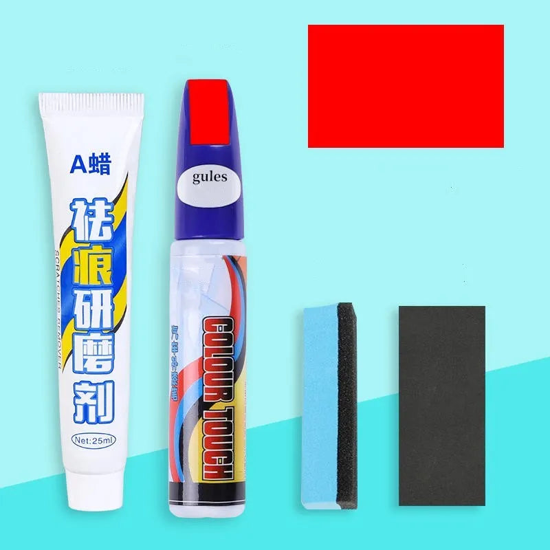 Automotive paint repair pen kit with touch-up fluid, scratch wax, sponge, and sandpaper.
